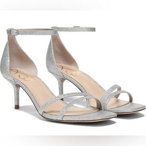 NIB Sam Edelman Peonie Ankle Strap Leather Kitten Heel Sandals in Silver Glitter